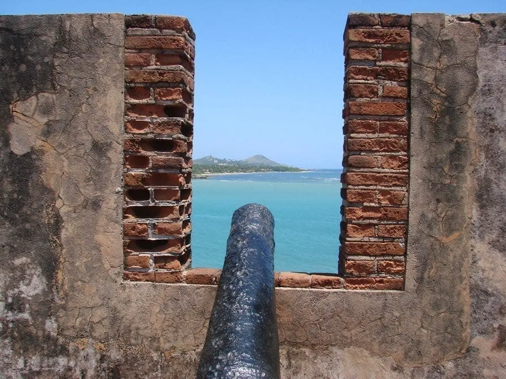 One of Fort San Felipe's cannonballs pointed at the ocean of Puerto Plata