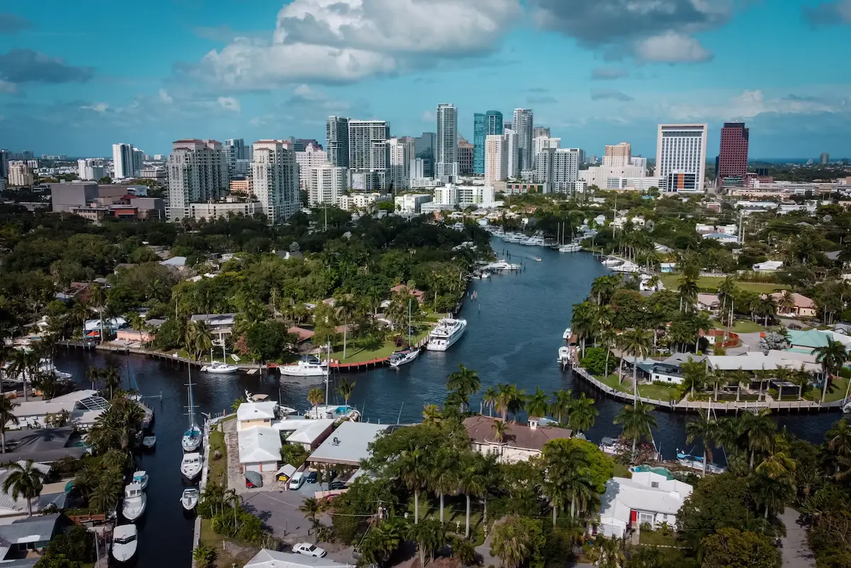 The waterway in Fort Lauderdale, Florida, with city buildings in the background