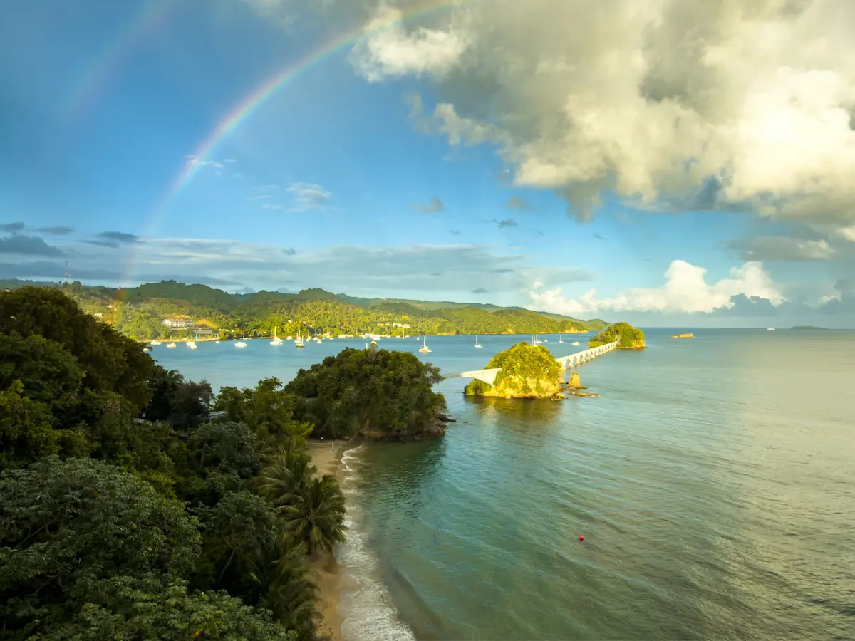 A rainbow arching over Samana Bay, Dominican Republic