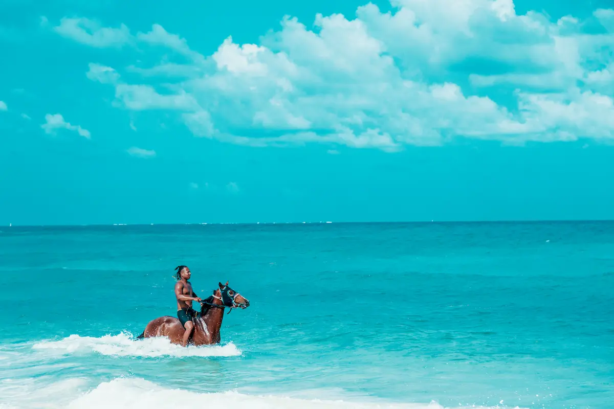 A man wading through the ocean on horseback in Turks and Caicos