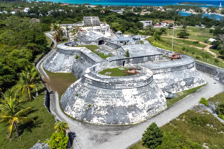 Cannons and stone ramparts at Fort Charlotte in Nassau, Bahamas
