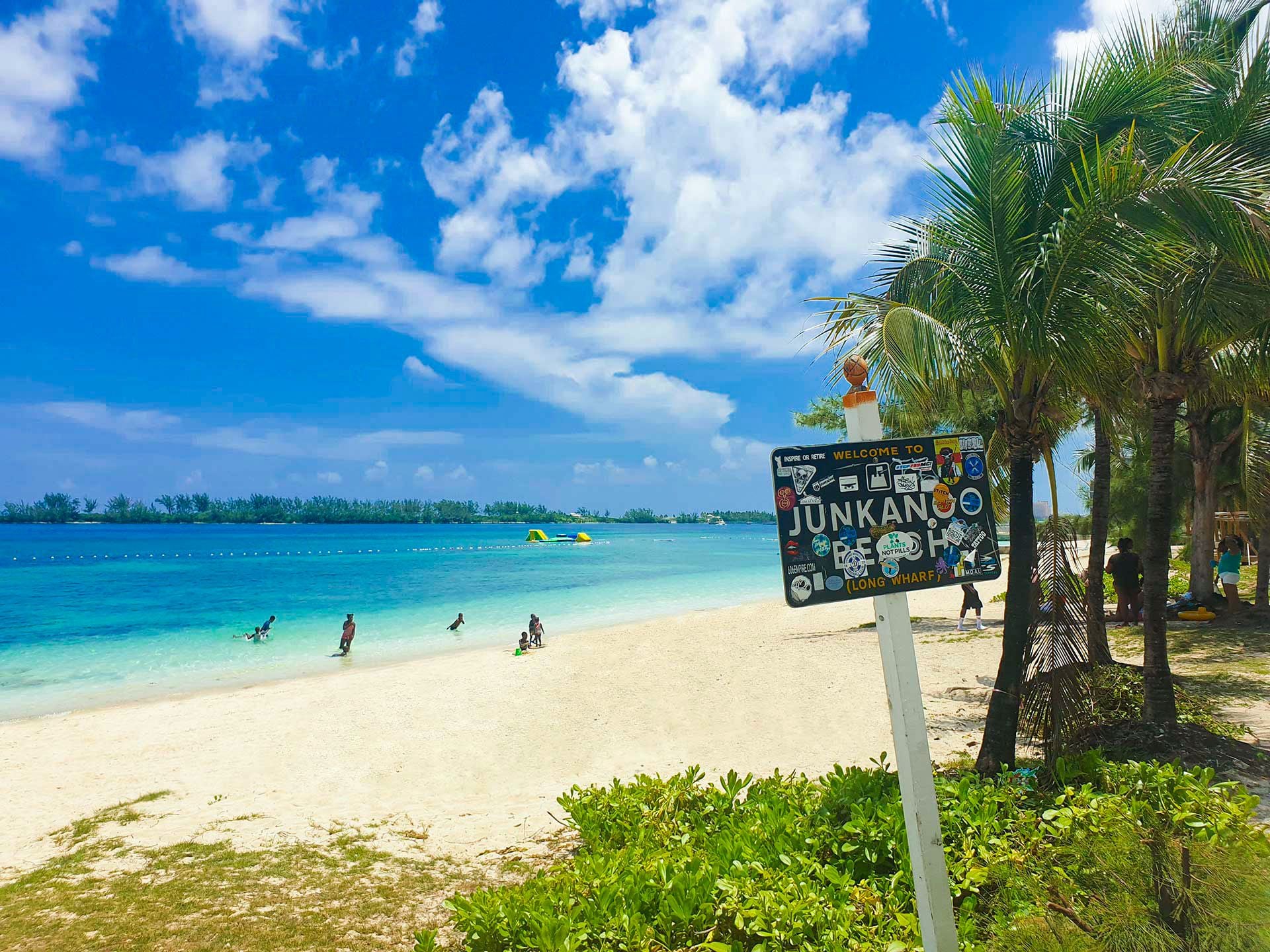Junkanoo Beach in Nassau with turquoise water and downtown in the background
